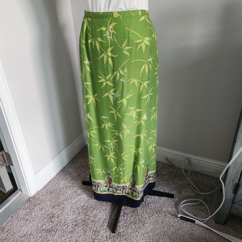 Weekend Clothes Line Maxi Skirt Womens XL Green Floral Pineapple Elephant Hem